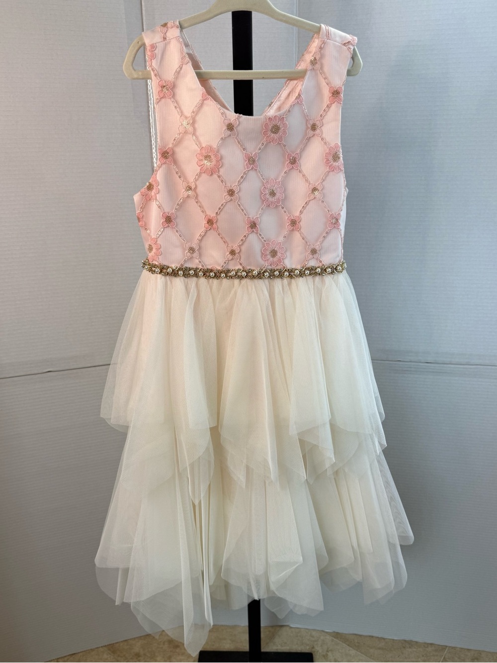 Girls American Princess Pink/Cream Tulle Special Occasion Dress Size 7